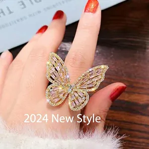 Fashion Brass Zirconia Butterfly Open Ring Adjustable Elegant Butterfly Bangle Bracelet Shiny Animal Hand Jewelry For Women