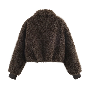 Back view of a dark brown fleece jacket with lapel collar and ribbed cuffs on white background