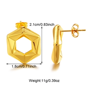 Macro detail of gold geometric hexagon stud earrings with precise dimensions and weight