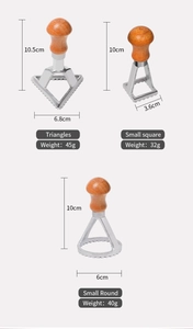 Detailed view of triangle, square and round dumpling cutters with wooden handles