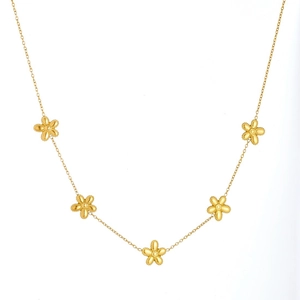 Elegant gold-plated stainless steel necklace featuring five minimalist flower pendants on white