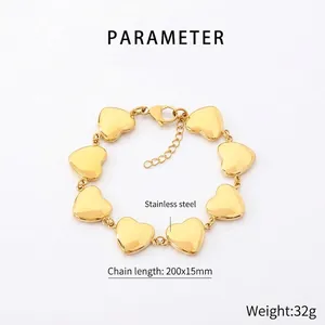 Bracelet cœur en acier inoxydable plaqué or 18K avec dimensions et détails de poids