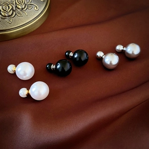 Elegant double-sided faux pearl stud earrings in white, black and silver-grey colors