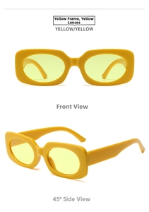 Front and side views of vintage rectangle yellow sunglasses with thick plastic frames