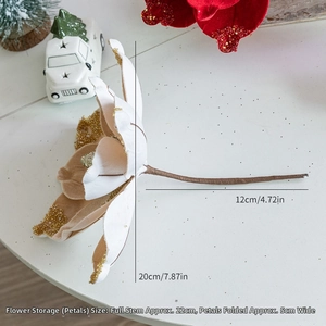 Detail of 20cm white velvet Christmas flower with gold glitter edges and iron stem