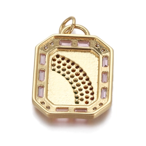 Detail of gold octagonal pendant with pink rectangle stones and multicolor gems