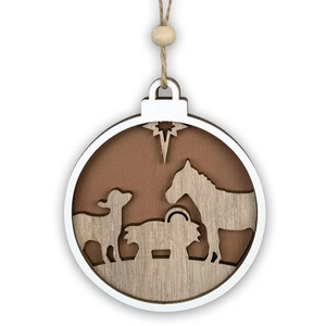 Detail of wooden Christmas ornament with laser-cut animal design and rustic jute rope