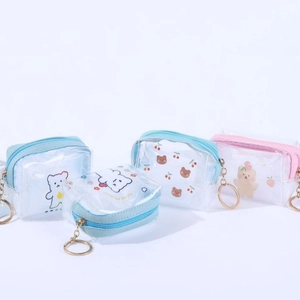 Detail of four transparent PVC coin purses with cute cartoon bears and metal keychains