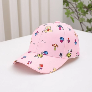 Pink kids baseball cap featuring cute cartoon bear and colorful mushroom patterns