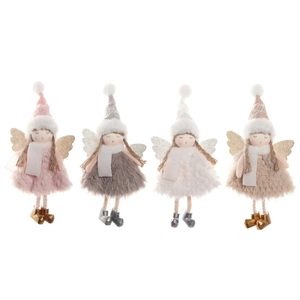 Set of 4 Christmas tree angel doll ornaments in pink, grey, white and brown plush fabric
