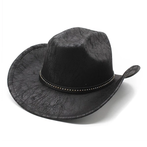 Vintage black western cowboy hat with cracked leather texture and studded decorative band