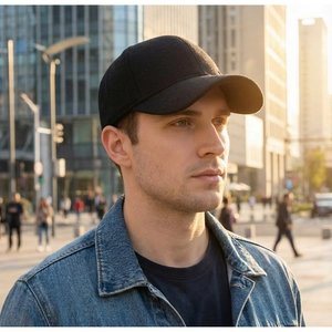 Detail of black winter baseball cap showing thick wool fabric and classic stitching