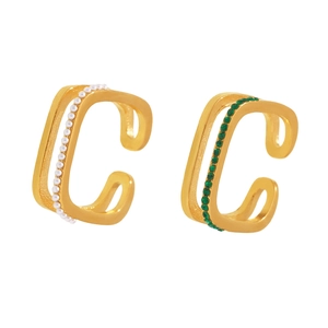 Minimalist gold-plated C-shaped ear cuffs set with white pearls and green zircons