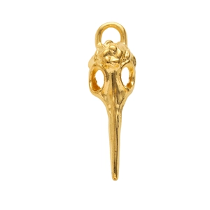 Detailed macro shot of a vintage gold bird skull pendant with intricate metal textures
