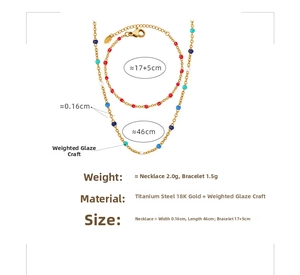 Detailed specs of colorful enamel beads necklace and bracelet set in 18K gold plated steel