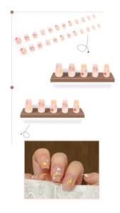Detailed view of rainbow and heart press-on nails with 24 pieces in translucent pink