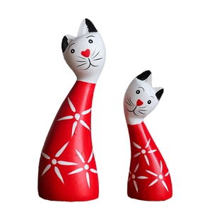 Minimalist red wooden cat ornaments with white star patterns for home desk decor