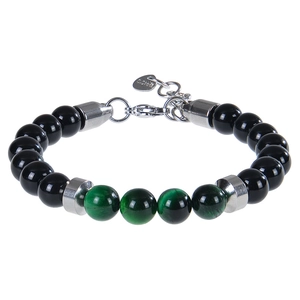 Détail des perles d'oeil de tigre et d'obsidienne sur bracelet réglable en acier