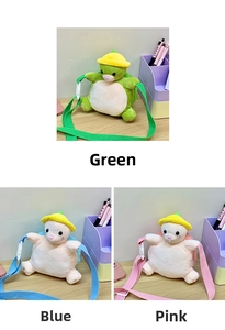 Detailed view of plush turtle crossbody bags in green, pink, and blue for kids