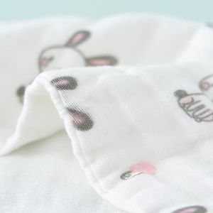Soft six-layer cotton gauze baby towel with cute grey rabbit print for newborns