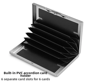 Detail view of the 6-slot RFID blocking metal card holder with PVC accordion interior