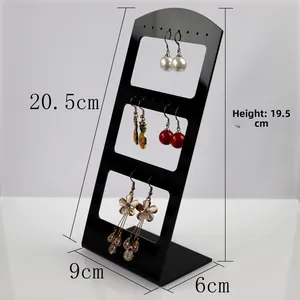 Three-tier black acrylic earring display stand with height of 19.5cm and stable base
