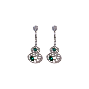 Silver hollow gourd earrings with green gemstones and sparkling pavé diamonds