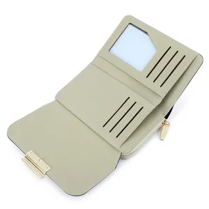 Multifunctional pale green PU leather women wallet with card slots and golden zipper