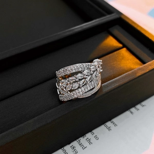 Detail view of silver hollow-out ring with micro-pave zircons in luxury jewelry box