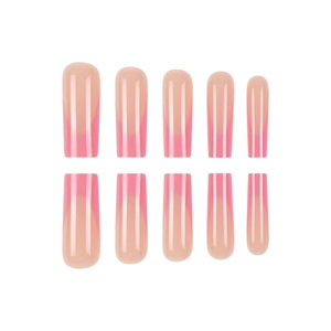 Pink French tip press on nails in long coffin shape with glossy finish, 10 pieces set