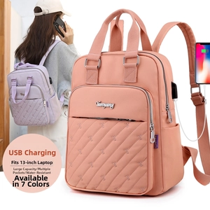 Detailed view of water-resistant nylon backpack showing diamond quilting and USB charging port