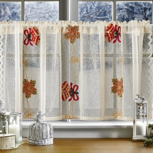 Christmas Embroidery Lace Coffee Curtain Polyester Short Window Treatment Santa Bell Pattern Holiday Home Decor