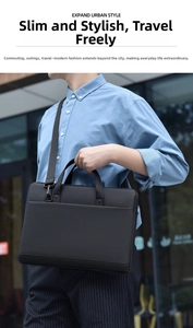 Slim waterproof black laptop bag shown from side view with durable fabric texture