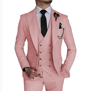 Three-piece slim fit men's business suit in pink with double-breasted vest and accessories