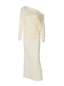 Elegant cream off-shoulder long sleeve maxi dress with asymmetric ruched draping details