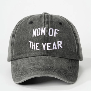 Distressed dark grey washed denim baseball cap with white MOM OF THE YEAR embroidery