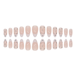 White French almond press-on nails with silver rhinestones on pink base, 24 piece set