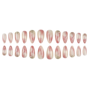 Pink marble almond press-on nails with 3D gold textured accents 24-piece set