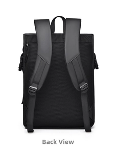 Detailed back view showing breathable honeycomb mesh and padded straps of the black backpack