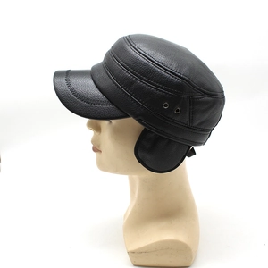 Men's winter flat top leather military cap with ear flaps and warm lining in black