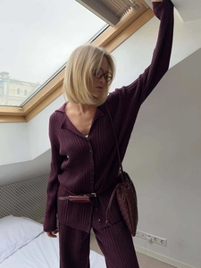Deep purple knit two-piece set featuring long sleeve polo collar top and matching trousers