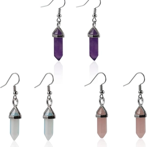 Three pairs of hexagonal crystal drop earrings in purple, white, and pink finishes