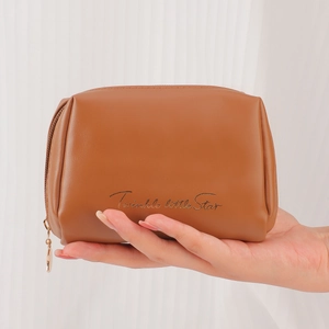 Mini brown PU leather makeup bag with gold star pendant and Twinkle little Star text