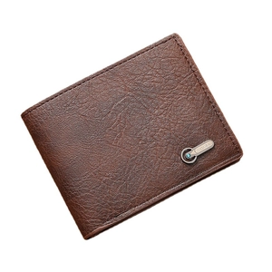 Portefeuille bi-fold classique en cuir marron foncé avec texture grainée et logo en métal