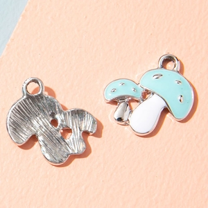 Set of two light blue cartoon mushroom alloy charms with silver base for DIY jewelry