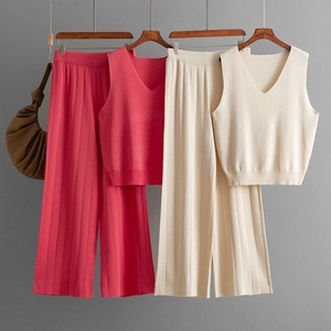 Women's V-neck knit vest and high-waist wide-leg pants set in pink and beige