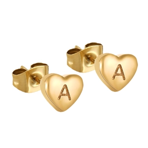 18K gold plated stainless steel heart stud earrings with letter A engraving for women