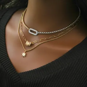 Three-layer gold necklace with crystal star pendant and mixed-link chain for women