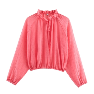 Bohemian style pink pleated two-piece set with ruffle stand collar and lantern sleeves