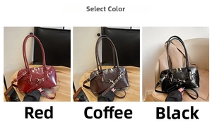 Detailed close-up showing red, brown, and black patent leather underarm bags with straps